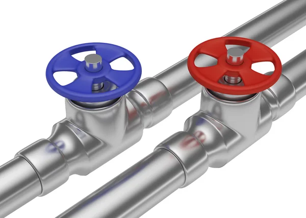 Синий и красный клапаны на Обитаемый остров стальных труб — стоковое фото