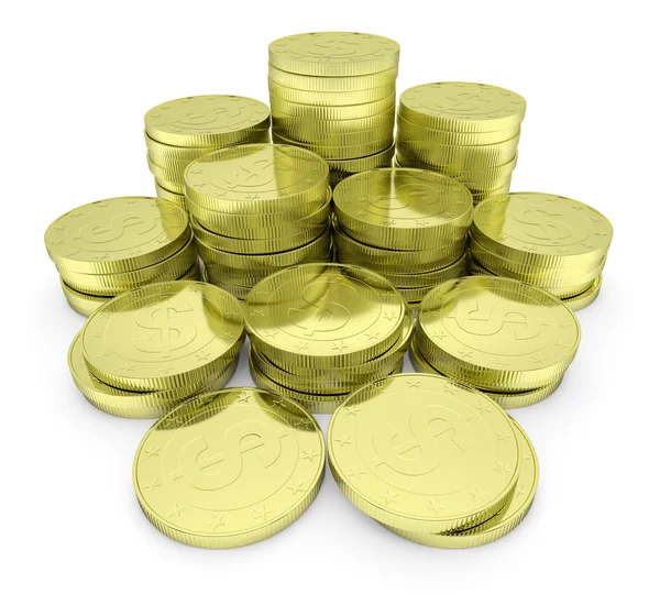 Gold-Dollar-Münzen Stapel isoliert auf weißem Nahaufname — Stockfoto