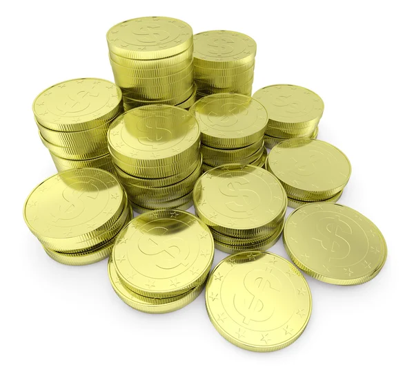 Guld dollar mynt stack isolerad på vit närbild diagonal — Stockfoto