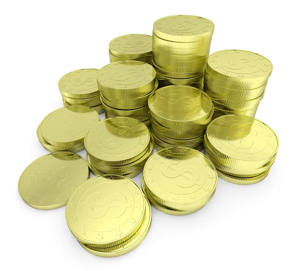 Gold dollar coins stack isolated on white closeup diagonal view — Stock Photo, Image