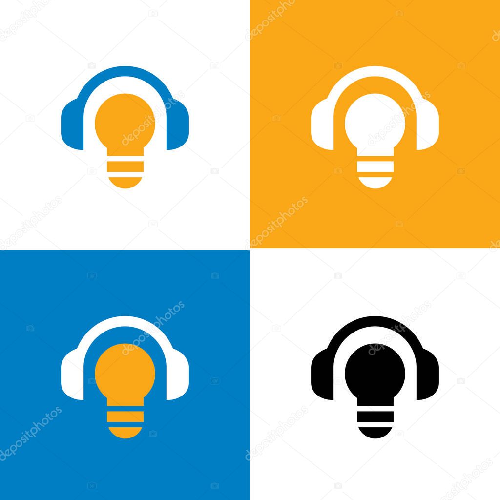 Inspirational podcast logo concept, light bulb and headset symbol, creative talk illustration