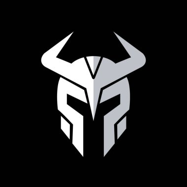 Viking şövalyesi logo tasarımı, retro ordu miğferi, ortaçağ savaşçı maskesi çizimi - Vektör