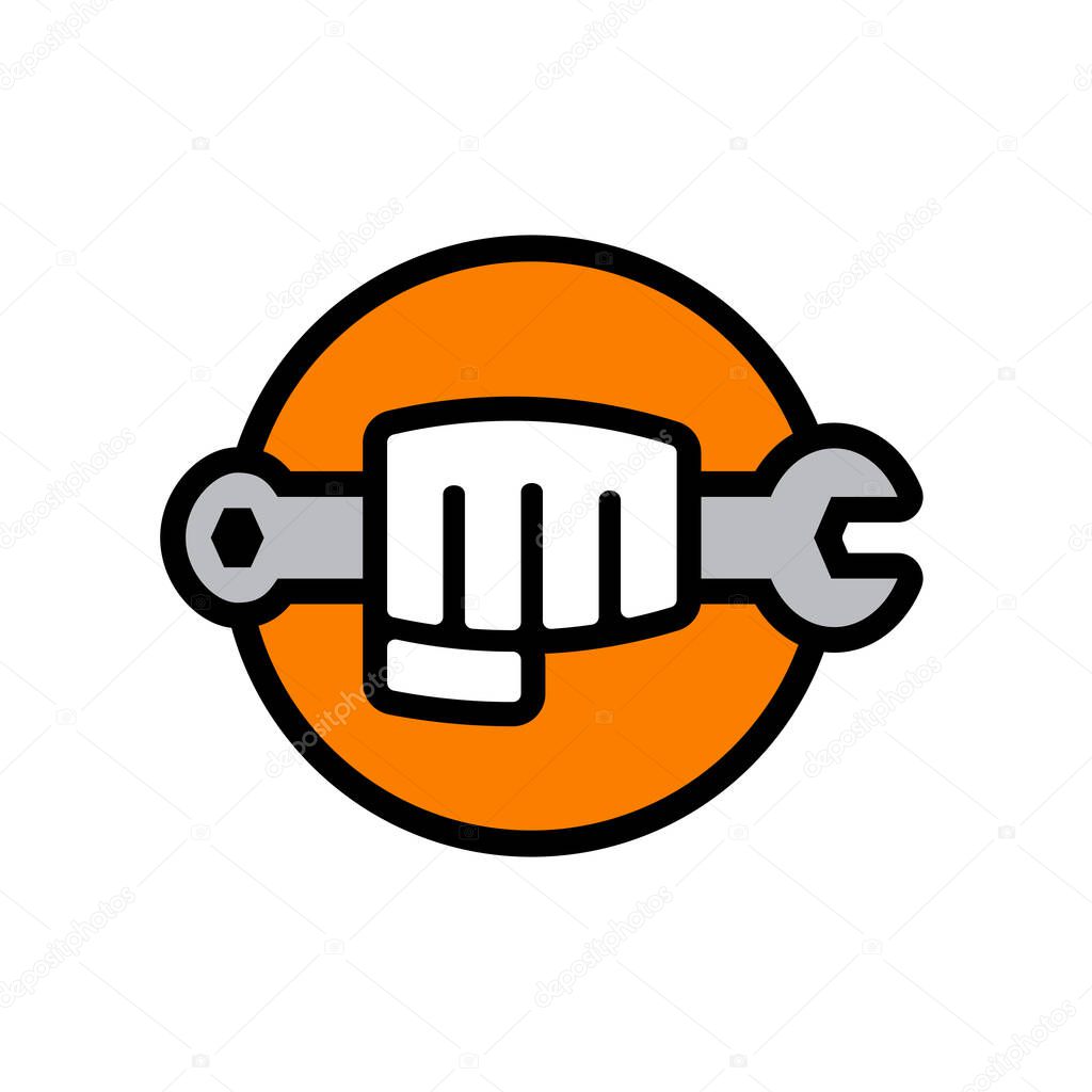 Hand holding wrench tool logo design, happy labour day symbol, vector illustration