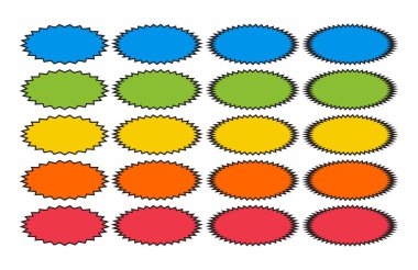 Oval yıldız patlaması veya güneş patlaması rozetleri, soyut şekil arkaplanı, vektör illüstrasyonu