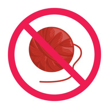 Örgü iplik topu ikonlu yasak tabela, yün iplik topu sembolü, örgü iplik kısıtlama uyarı işareti, vektör illüstrasyonu