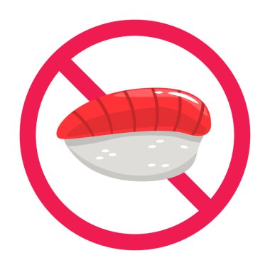 Suşi işareti yok, suşi ikonlu yasak tabela, suşi yasak sembol, kırmızı çarpı daire simgesi, düz vektör çizimi