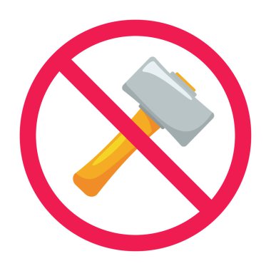 Çekiç işareti yok, çekiç işareti yok, çekiç işareti yok, çekiç yasak sembol, kırmızı çapraz daire simgesi, düz vektör çizimi