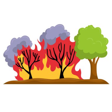 Yangın felaketi illüstrasyonu, orman yangını klipsi sanatı, orman yangını klipsi sanatı, doğa felaketi ikonu, beyaz arka planda izole edilmiş.