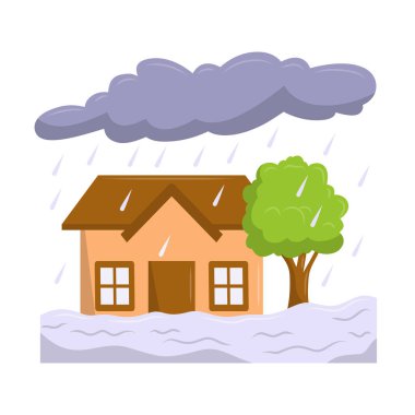 Sel karikatürü vektör çizimi, sel klip sanatı, sel felaketi resmi, doğal afet vektör simgesi, beyaz arka planda izole edilmiş, su basmış ev klibi