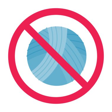 İplik işareti yok, iplik topu ikonlu yasak tabela, iplik rulo işareti, kırmızı çarpı daire sembolü, düz vektör çizimi