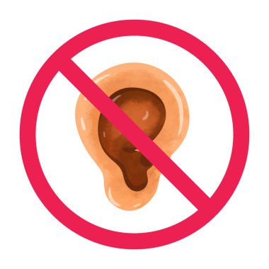 İnsan kulağı illüstrasyonlu yasak işaret, işitme işareti yok, rahatsız etmeyin, sessizlik bölgesi işareti, gürültü sembolü yok