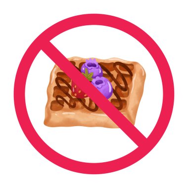 Waffle tabelası yok, waffle tabelası yasak, waffle tabelası yemeyin, gözleme çiziminin tehlikeleri, kırmızı çapraz daire sembolü, vektör çizimi