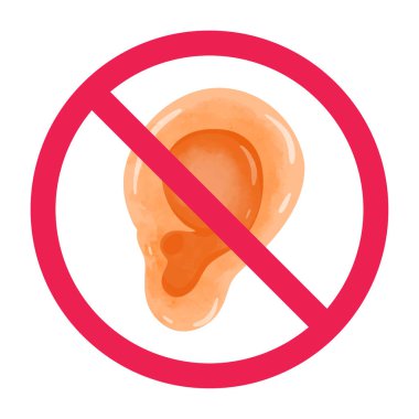 İşitme işareti yok, sağırlık sembolü yok, dinleme işareti yok, kulağında simge olan yasak işaret, kırmızı çarpı daire sembolü, sessizlik vektör illüstrasyonu