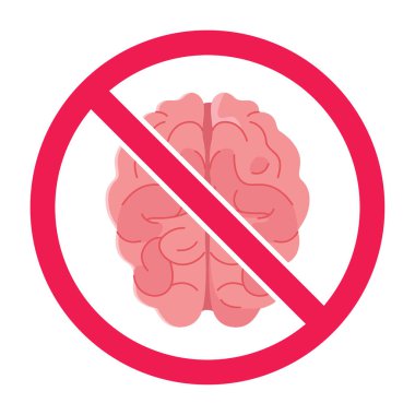 Beyin işareti yok, düşünme izni yok, işareti düşünme, kırmızı çapraz çember sembolü, vektör çizimi