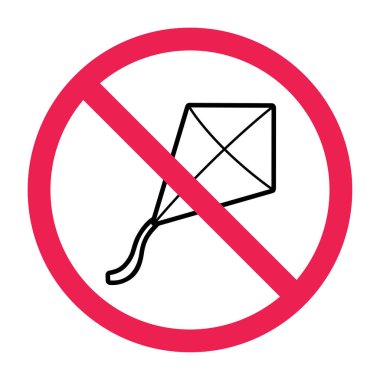 Uçurtma işareti yok, yasak uçurtma ikonu, elektrik hatlarının yakınında uçurtma uçurmayın, kırmızı haç dairesi sembolü, düz vektör çizimi