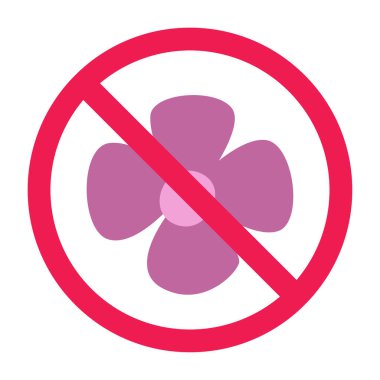 Çiçek işareti yok, yasak çiçek işareti, sembollere izin yok, çiçek yasak sembol, düz vektör çizimi, beyaz arka planda izole edilmiş.