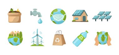 Çevre yaşam biçimi simgesi seti, yeşil simgeler, sıfır atık vektör çizimi, yeşil enerji vektörü kümesi