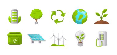 Ekoloji simgesi seti, yeşil ekolojik simge, çevre simgesi seti, yenilenebilir enerji ve eko projeleri, vektör illüstrasyonu