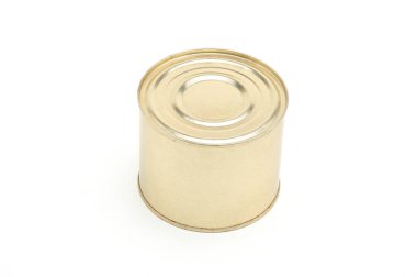 Metal teneke kutu ve et izole edilmiş beyaz sırt grubunda.