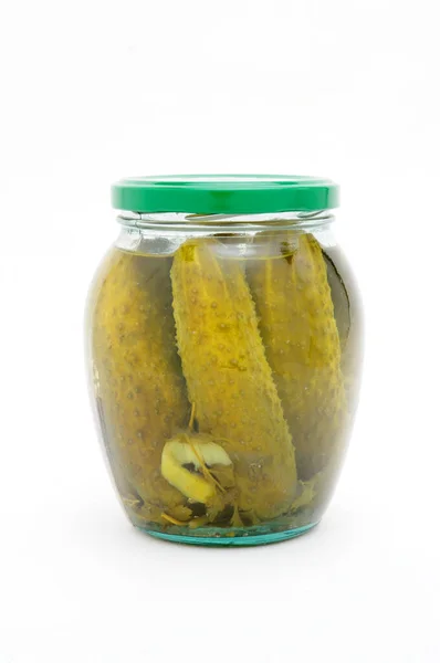 Pickled Cucumbers Glass Jar Isolated White Backgroun — Stock Photo, Image