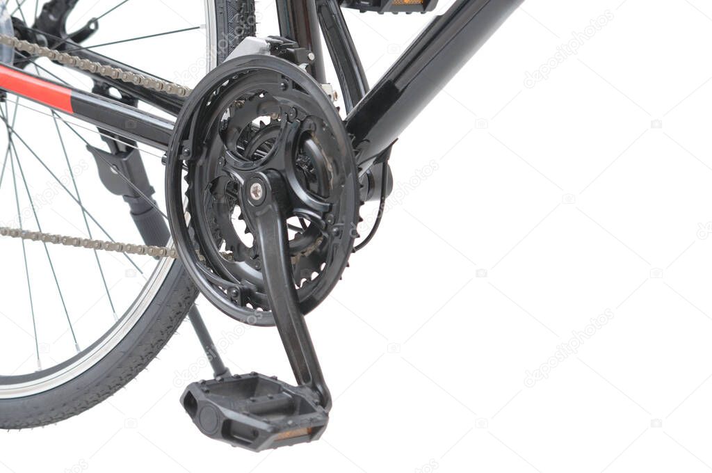 Bicycle connecting rod, crankset and drivetrain on isolated white backgroun