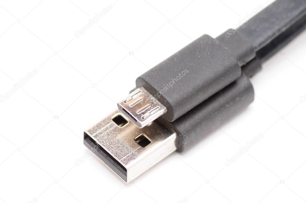Micro USB cable USB adapter on isolated white backgroun