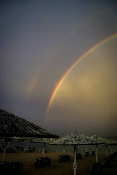 Regenboog Storm Het Strand Sarti Griekenland — Stockfoto