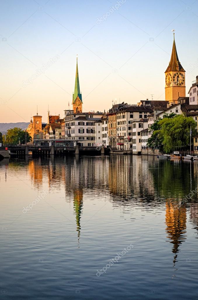 Zurich old town and Limmat river at sunrise (Switzerland)