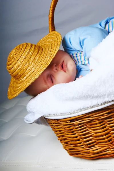 Bebê dormindo em uma cesta — Fotografia de Stock