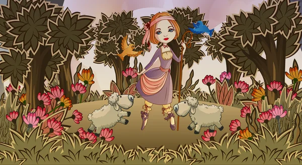 牧羊女与羔羊 — 图库矢量图片