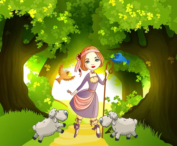 Pastora con corderos frente al bosque — Vector de stock