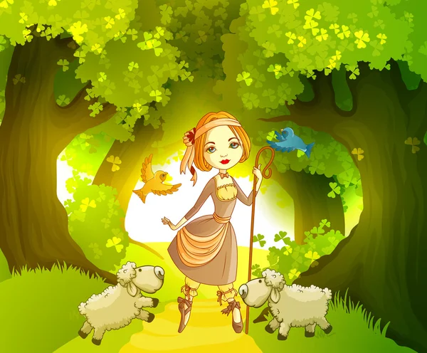 Pastora con corderos frente al bosque — Vector de stock