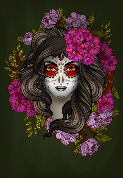 Kobieta z calavera makijaż. Dzień zmarłych (Dia de los Muertos) koncepcji — Wektor stockowy