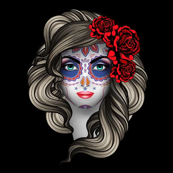 Vrouw met calavera make-up. Dag van de doden (Dia de los Muertos)-concept — Stockvector