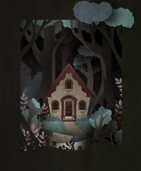 Ilustración Cuento Hadas Casita Frente Bosque Oscuro — Archivo Imágenes Vectoriales