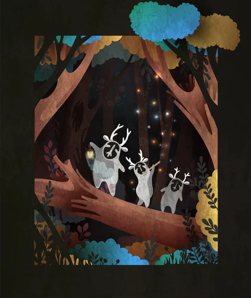 Three Horned Little Cute Forest Spirits Forest Spirits Dancing Fallen Stock Illustration