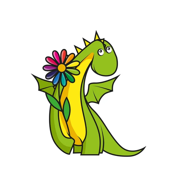 Cute little dragon with flower — Stock Vector