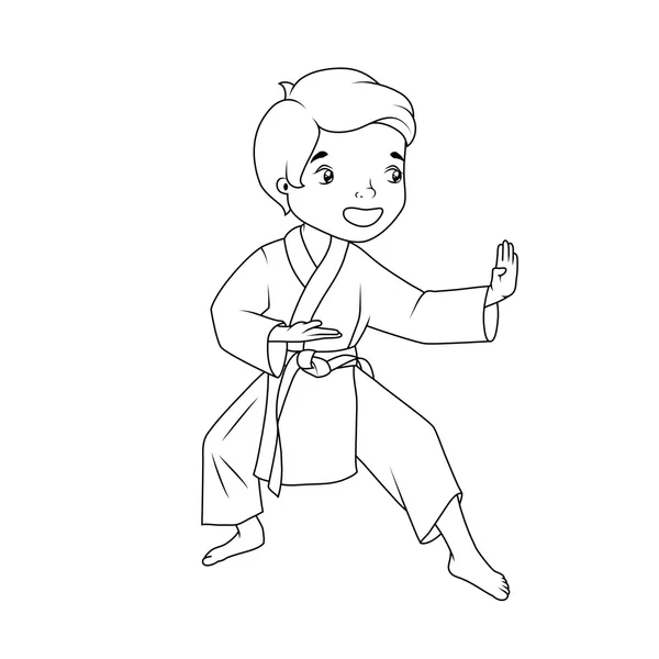 Coloring book: Little boy wearing kimono practicing karate — Stock Vector