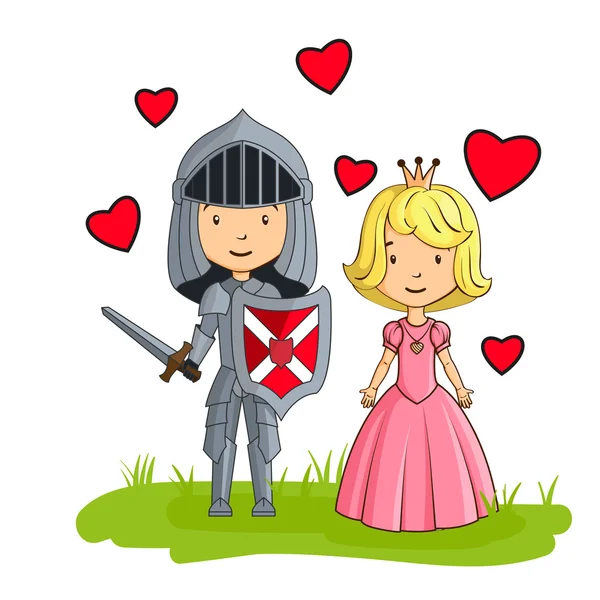 Kreslené postavy rytíř a princezna v lásce — Stockový vektor