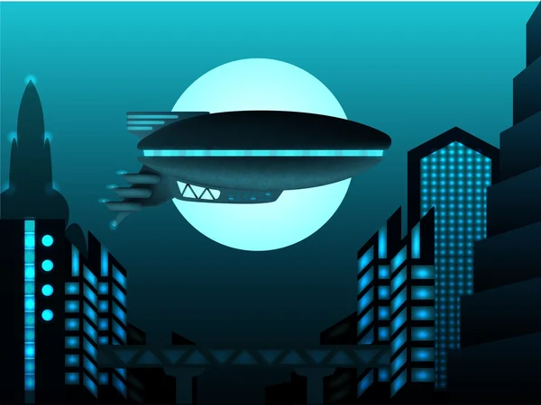 Illustration de science-fiction. Zeppelin devant le landscepe urbain — Image vectorielle