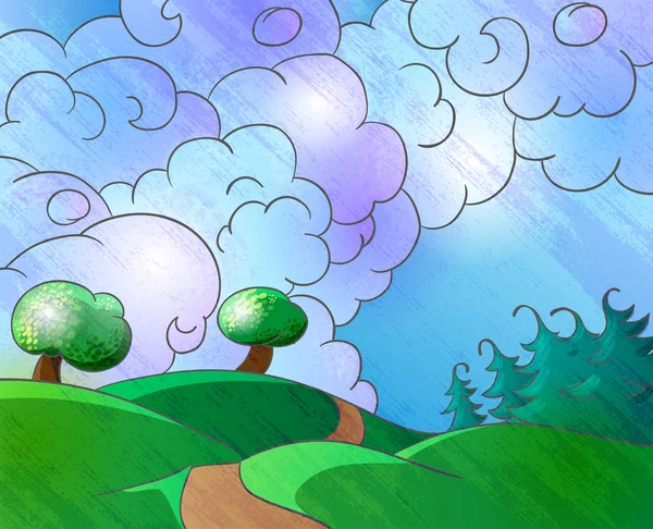Cascada estilo de dibujos animados en el bosque vector, gráfico