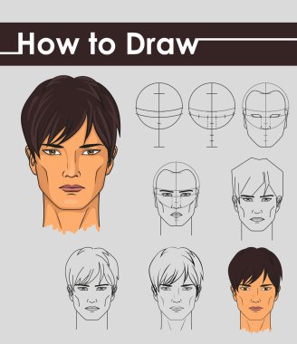 Draw tutorial. Step by step. Male face. clipart