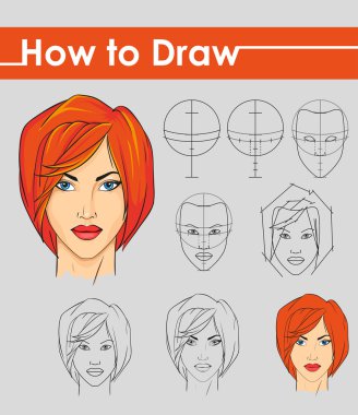 Draw tutorial. Step by step. Female face. clipart