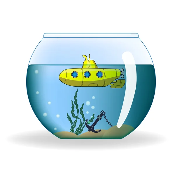 Cartoon submarine in round aquarium — Stock Vector