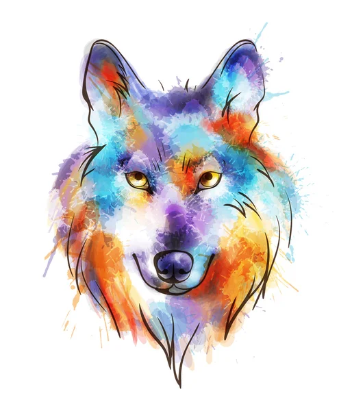 Colorful watercolor wolf's head — Stock Vector