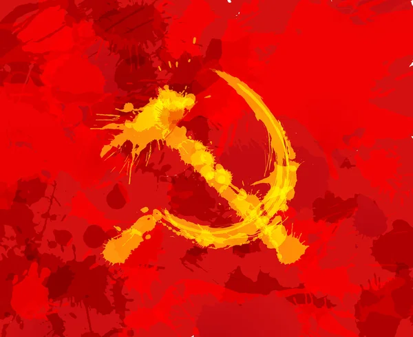 Martillo grunge y hoz símbolo del comunismo sobre fondo rojo — Vector de stock