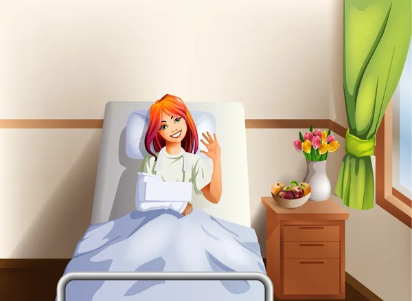 Mujer joven en una cama de hospital sonriendo con una mano rota en un yeso — Vector de stock