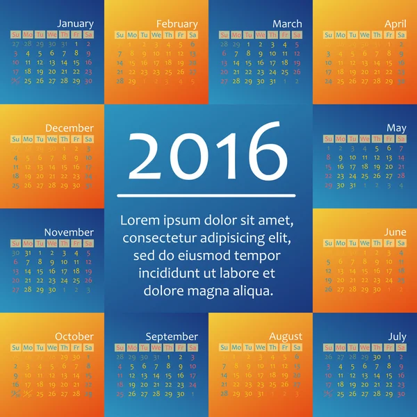 Ano 2016 modelo de calendário, semana começa domingo — Vetor de Stock