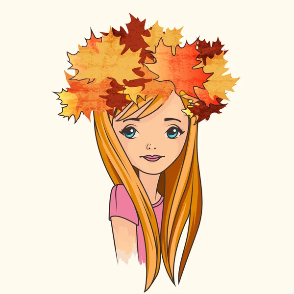 Pretty girl wearing crown of fallen leaves Vector Graphics