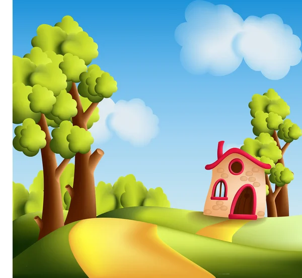 Paisaje de dibujos animados con árboles y casita — Vector de stock